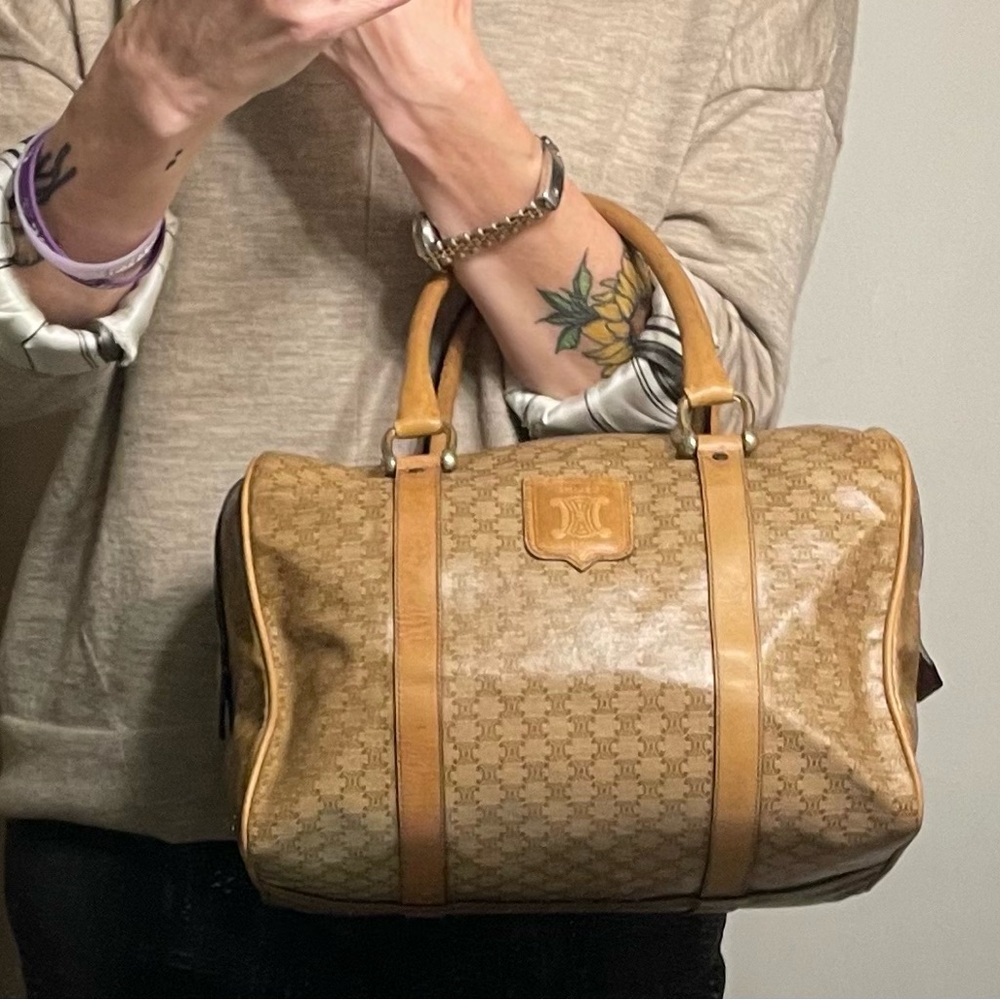 Celine Authentic Vintage Brown and Tan Macadam Boston Bag with Leather Trim